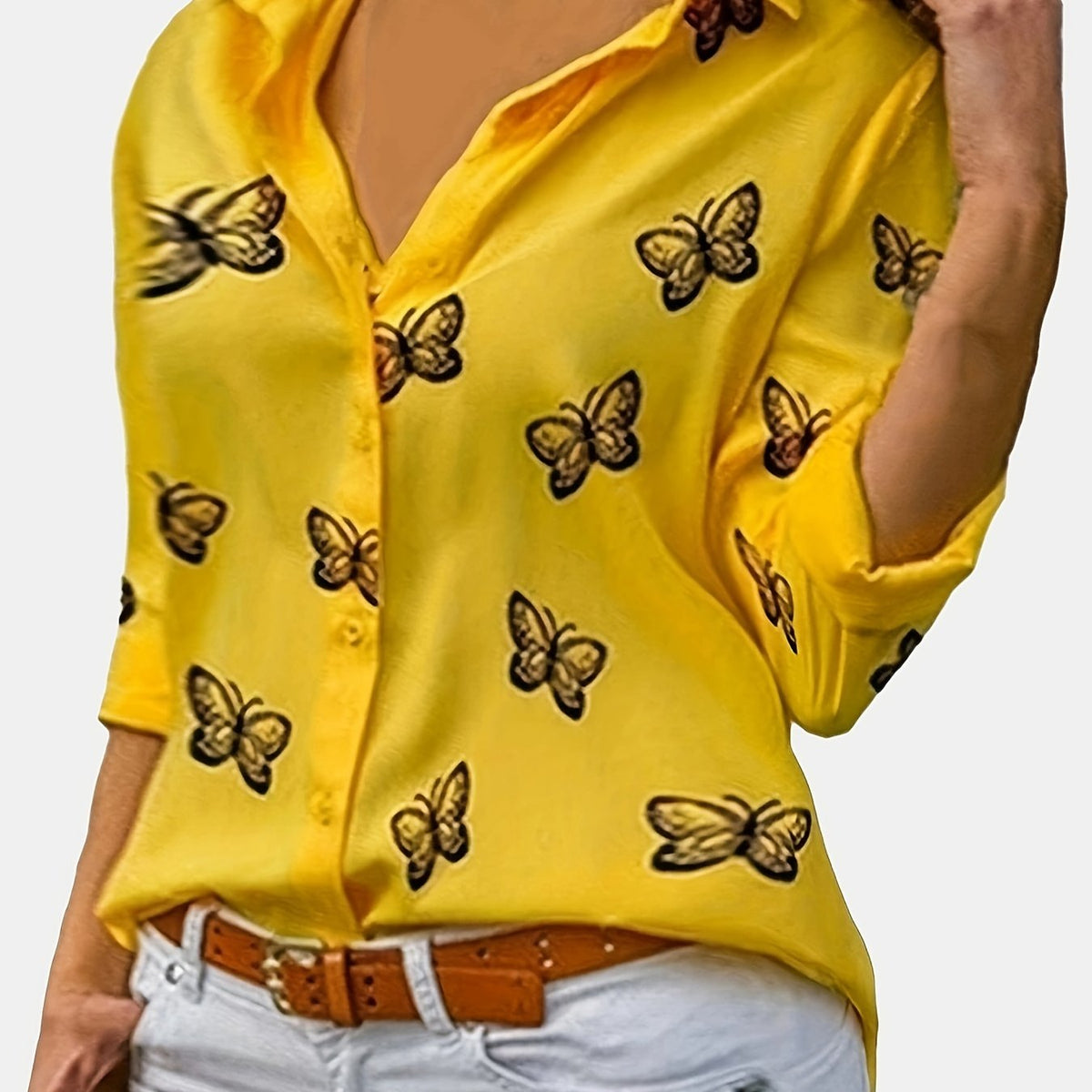  Butterfly Print Button Up Long Sleeve Blouse