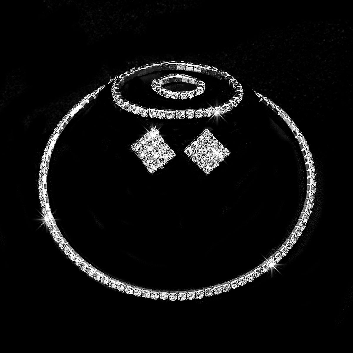 Rhinestone Crystal Jewelry Set: Choker Necklace, Earrings, Bracelet & Ring