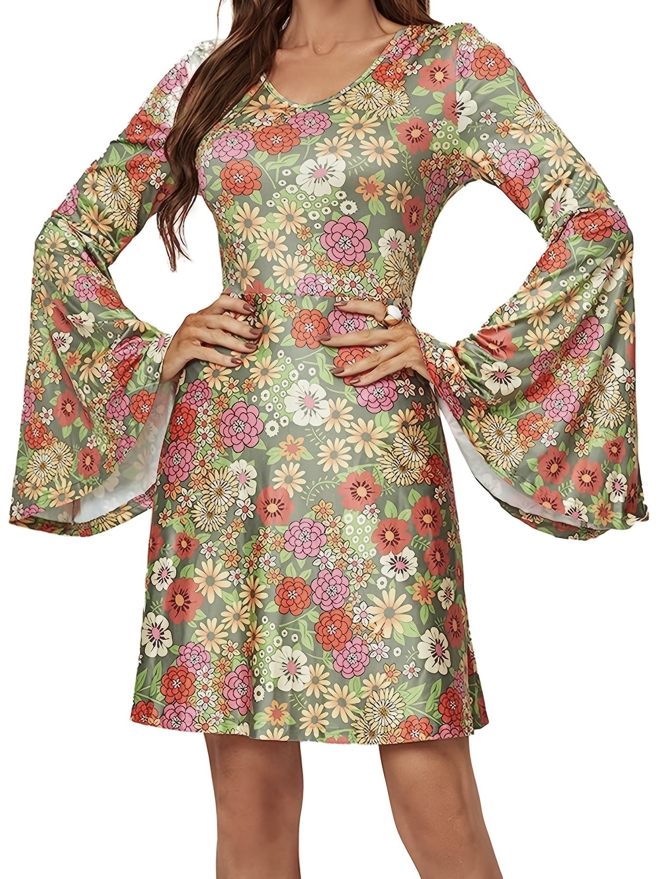  Boho Dress Women's Plus Allover Floral Print Bell Sleeve
