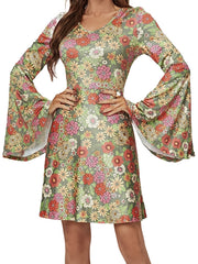  Boho Dress Women's Plus Allover Floral Print Bell Sleeve