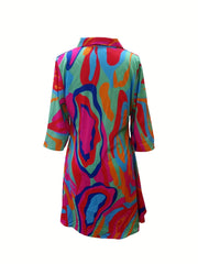  Abstract Print Long Sleeve Dress with Pockets