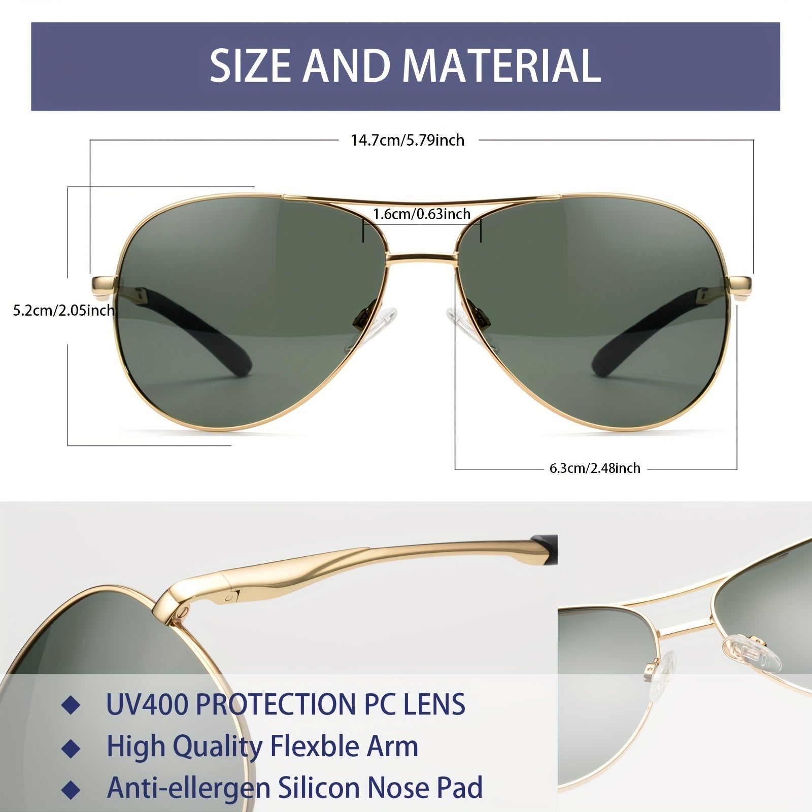 OUWEN Oversized Aviator Sunglasses Green Lens UV Protection