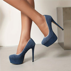 Women's Denim Platform Slip On Stiletto Heels