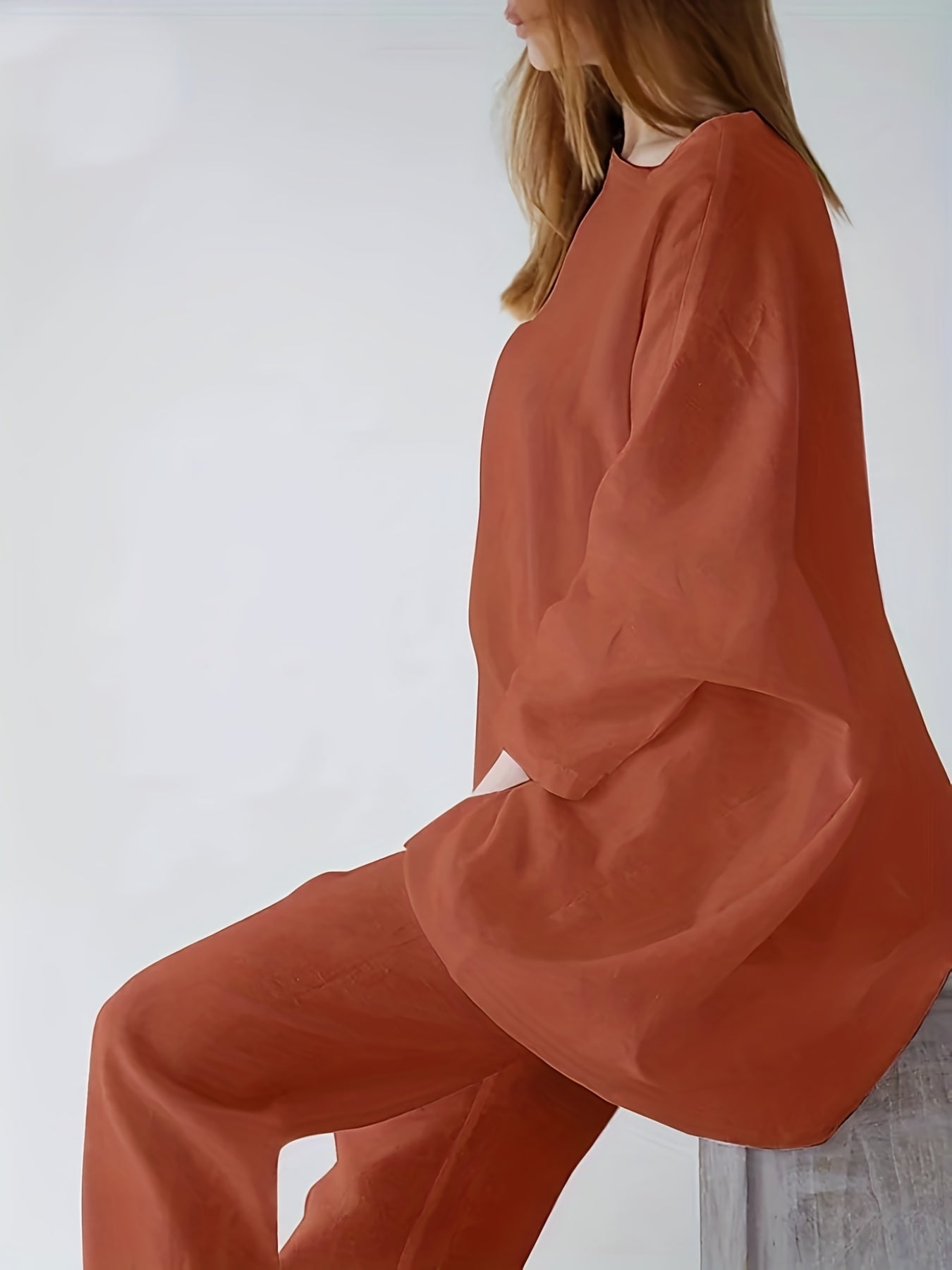  Solid Long Sleeve Top & Pants Set Round Neck Outfit