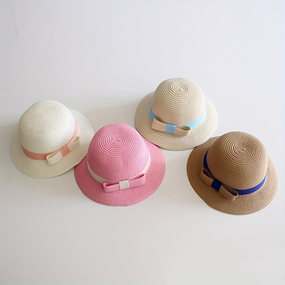 Girls Straw Sun Hat with Bow - Sunshade Bucket Hat