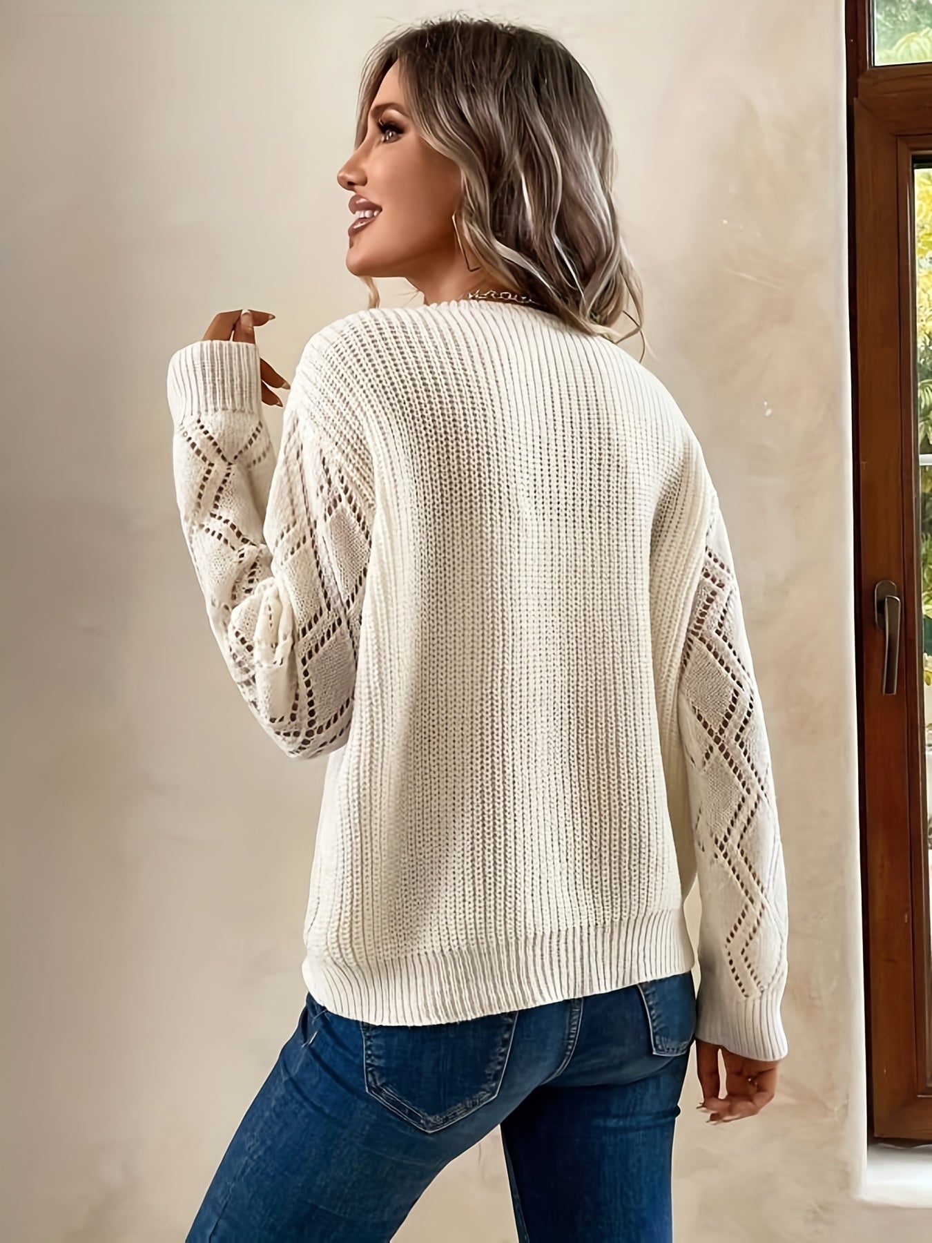  Casual Knit Top Women's Plus Solid Pointelle Applique V Neck