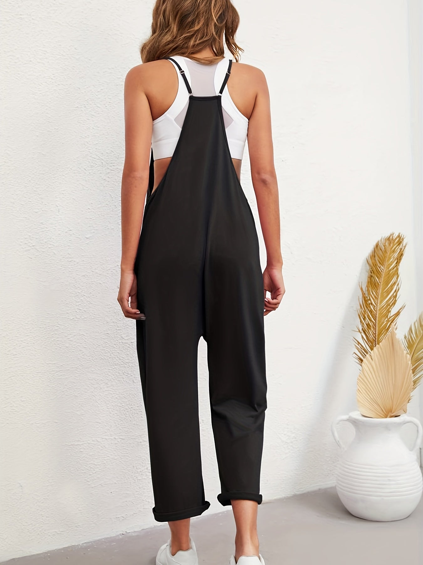 Plunging Jumpsuit Sleeveless Solid Jumpsuit With Pockets Women's Clothing