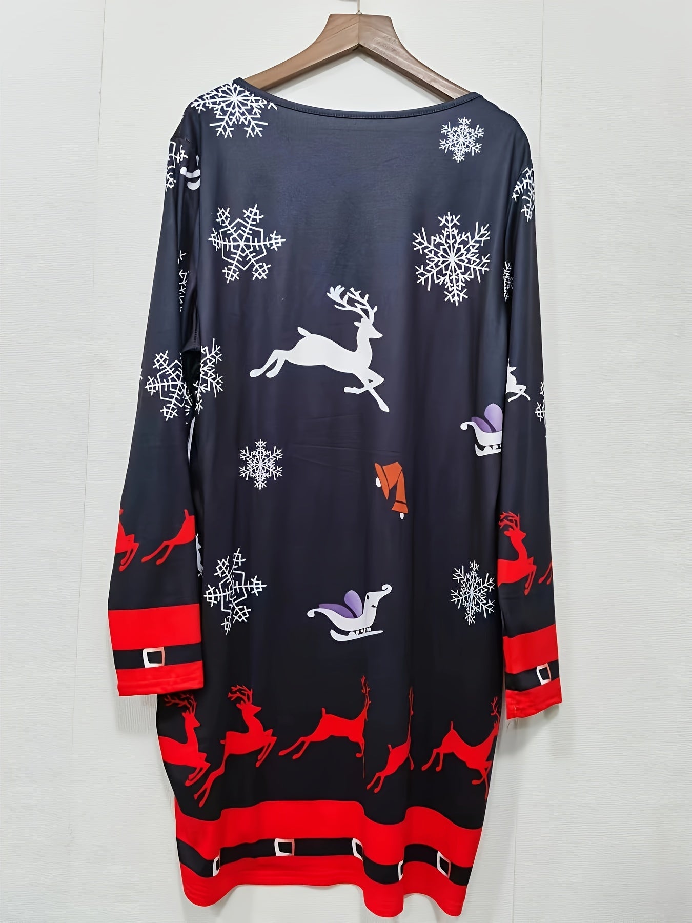  Reindeer & Snowflake Print Long Sleeve Christmas Dress