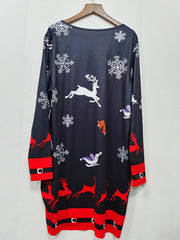  Reindeer & Snowflake Print Long Sleeve Christmas Dress