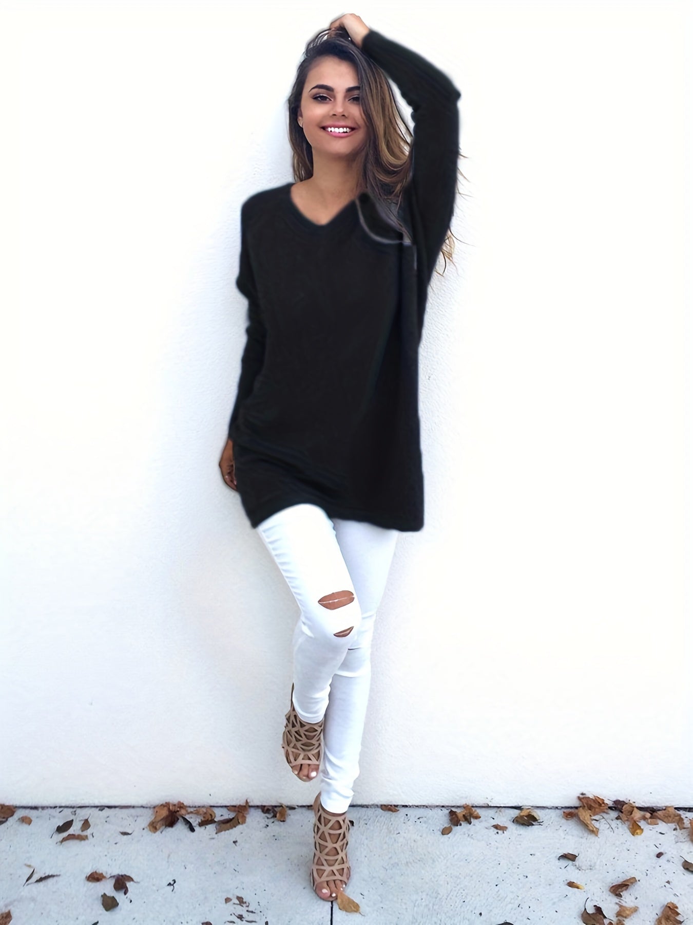  Casual Sweater Women's Plus Solid V-Neck Pullover Jumper