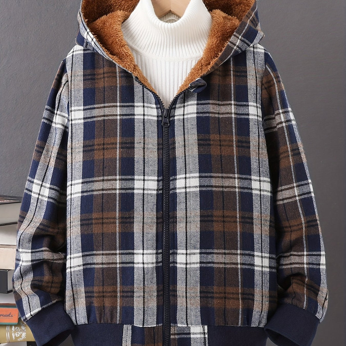 Boys Plaid Fleece Zip Up Jacket for Fall Winter