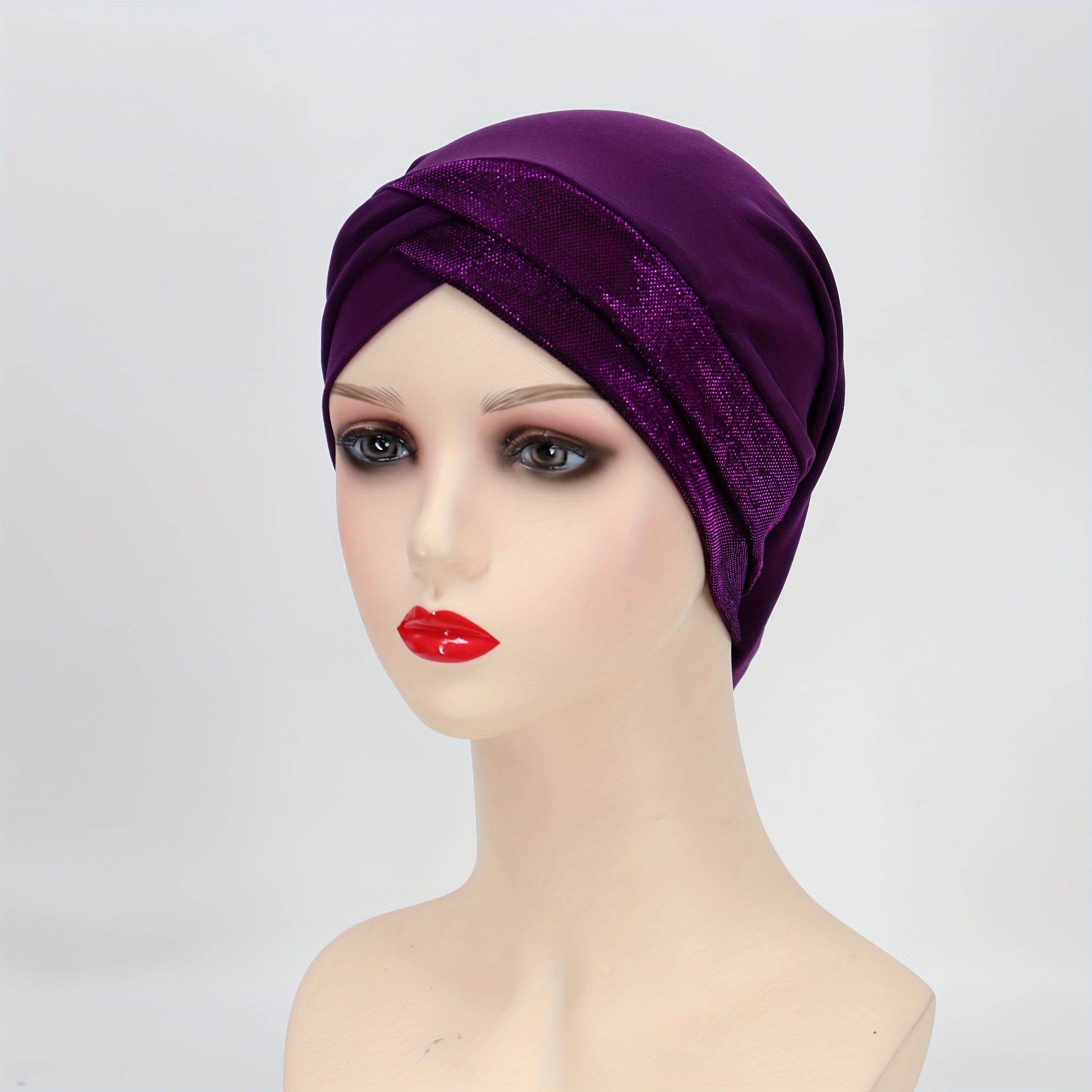 Glitter Forehead Cross Turban Cap Solid Head Wrap Bandana Headwear