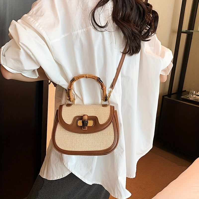 Straw Handbag Wooden Turn Lock Shoulder Bag Crossbody Bag
