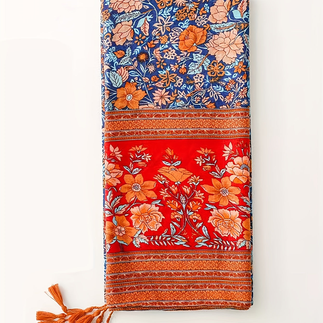 Boho Flower Print Tassel Scarf Red Block Shawl Hijab