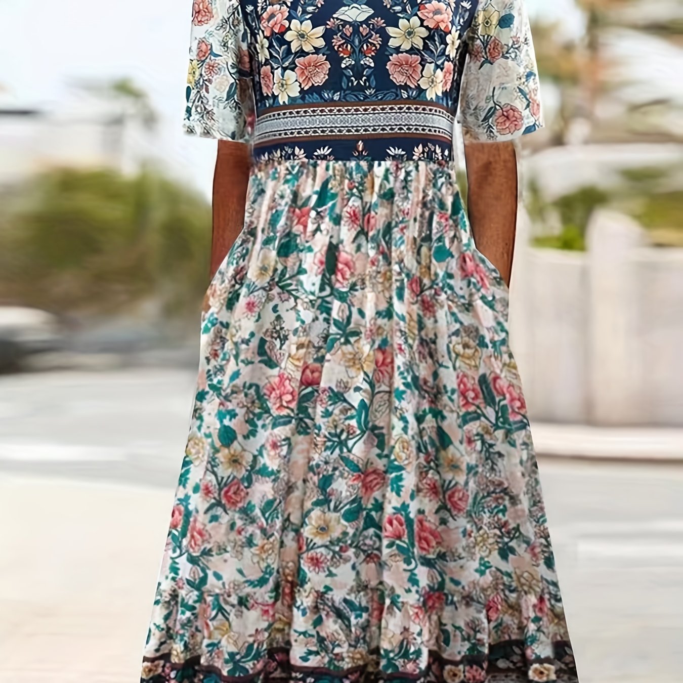  Boho Dress Colorblock Floral Print Maxi Dress With Pockets
