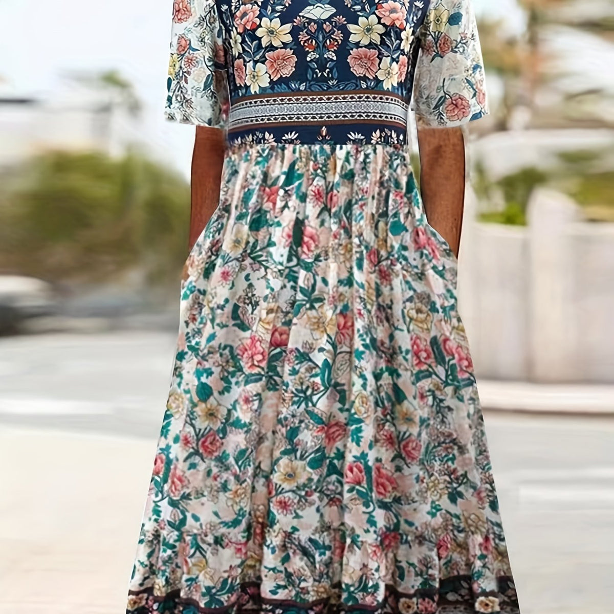  Boho Dress Colorblock Floral Print Maxi Dress With Pockets