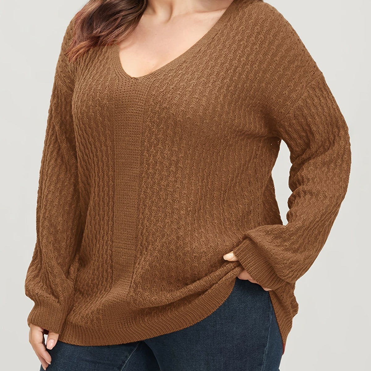  Solid Jacquard Long Sleeve V Neck Knit Top