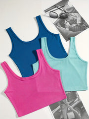 Solid Tank Top 3 Pack Sleeveless Crew Neck Sexy Summer Blouse