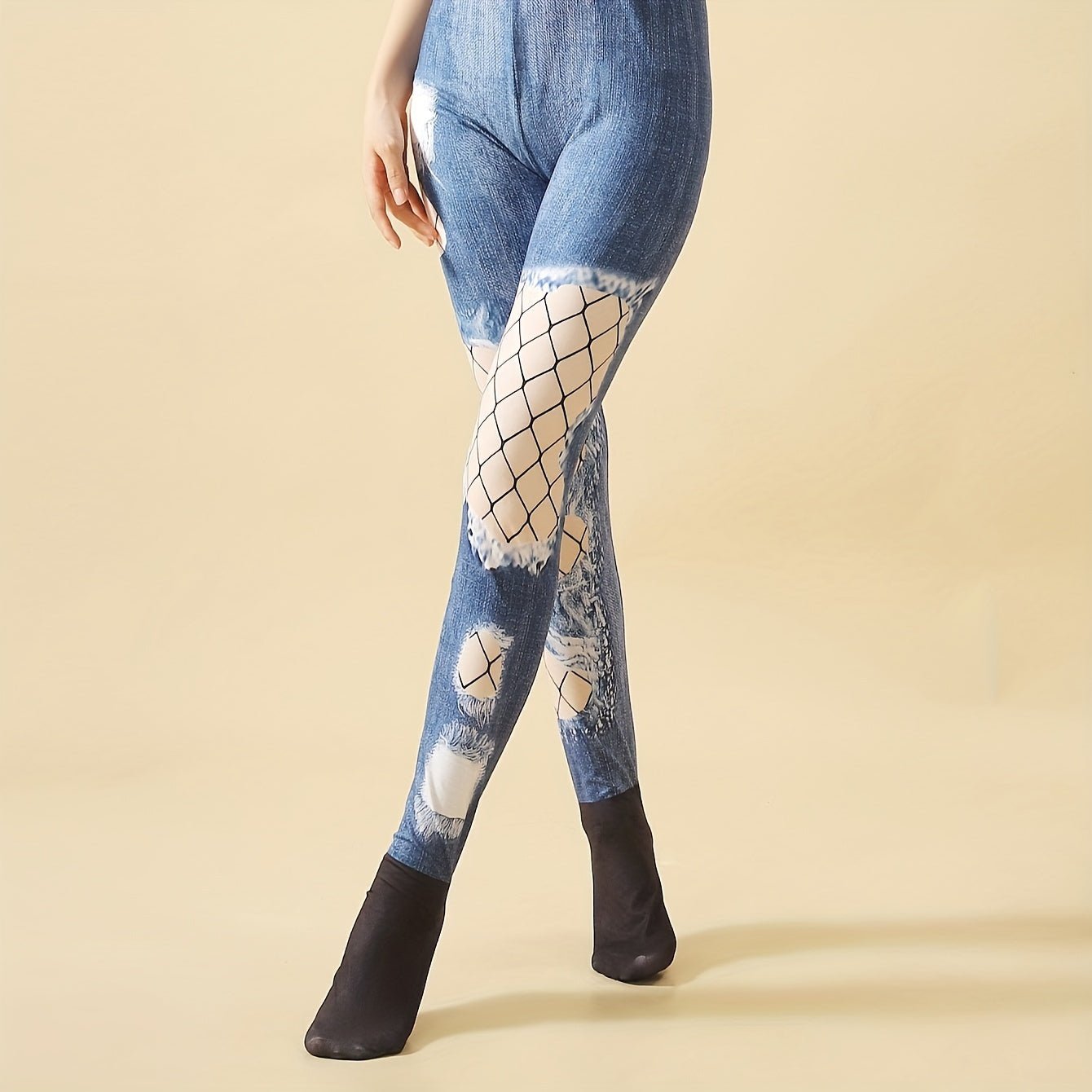 Fishnet Print Tights Opaque High Waist Leggings Women's Stockings