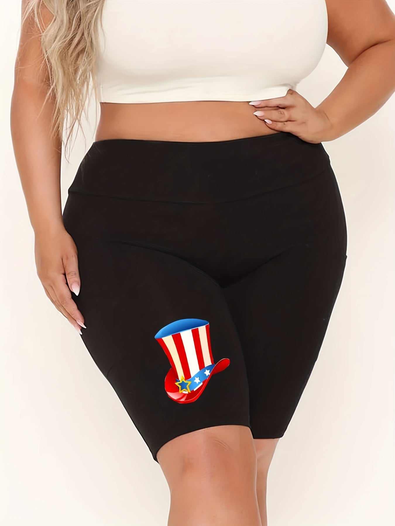 Plus Size Independence Casual Shorts Women's Plus Flag Hat Print