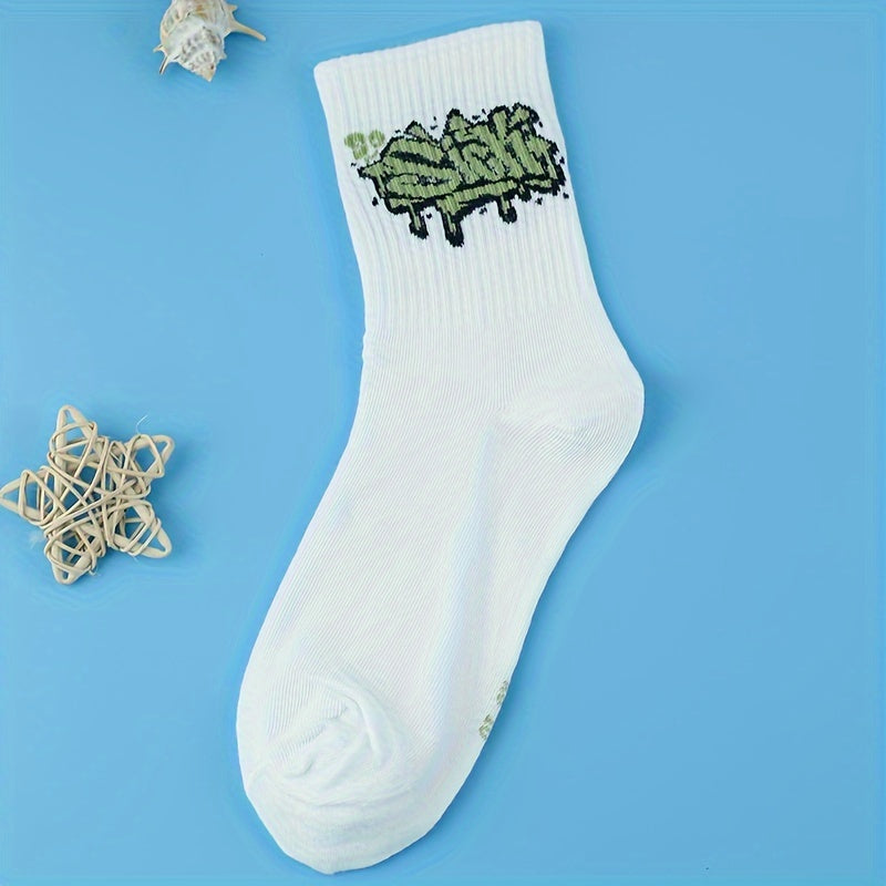 3 Pairs Letter Graffiti Print Mid Tube Socks for Women