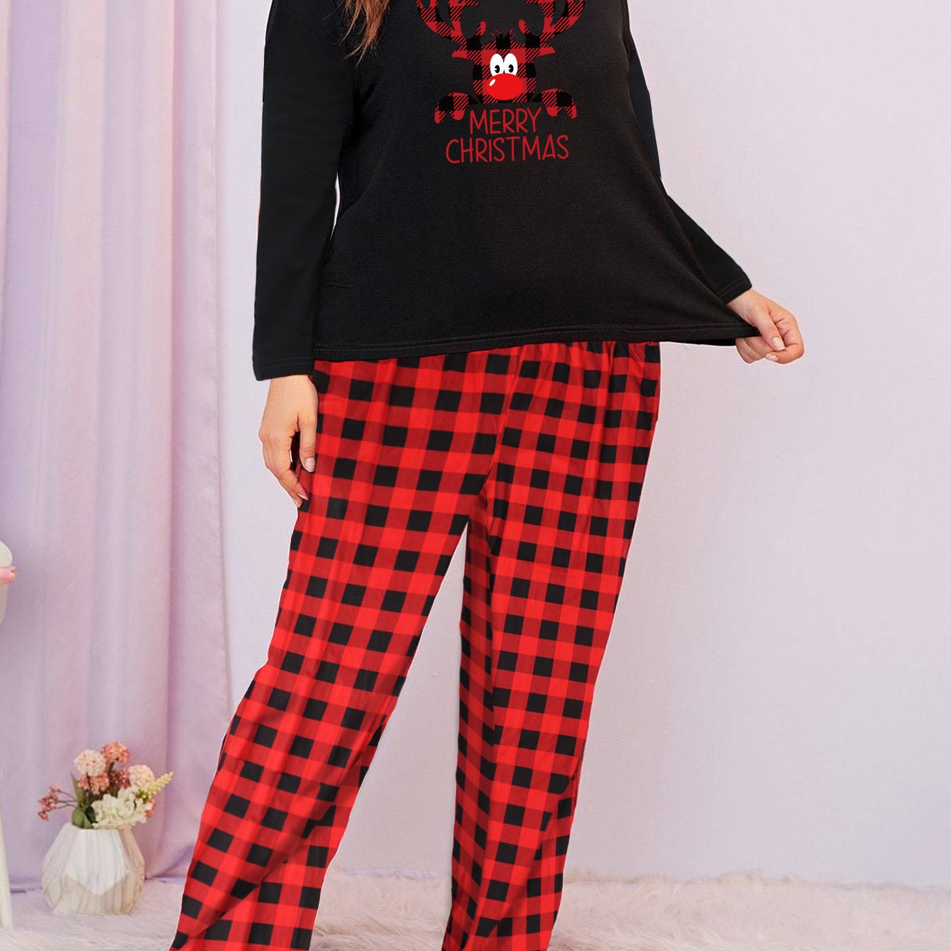  Christmas Pajamas Set Women's Elk Print Long Sleeve Tee & Plaid Pants