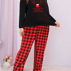  Christmas Pajamas Set Women's Elk Print Long Sleeve Tee & Plaid Pants