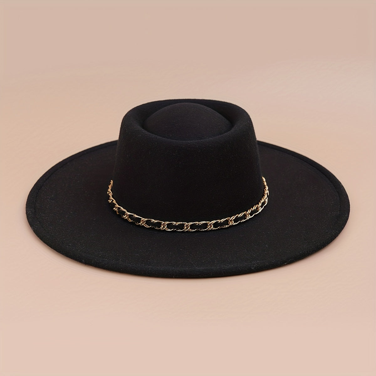 Classic Chain Decor Felt Hat Flat Brim Top Hats Solid Trilby Hat
