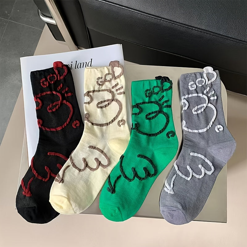 4 Pairs Graffiti Pattern Mid Tube Socks Women's Stockings & Hosiery