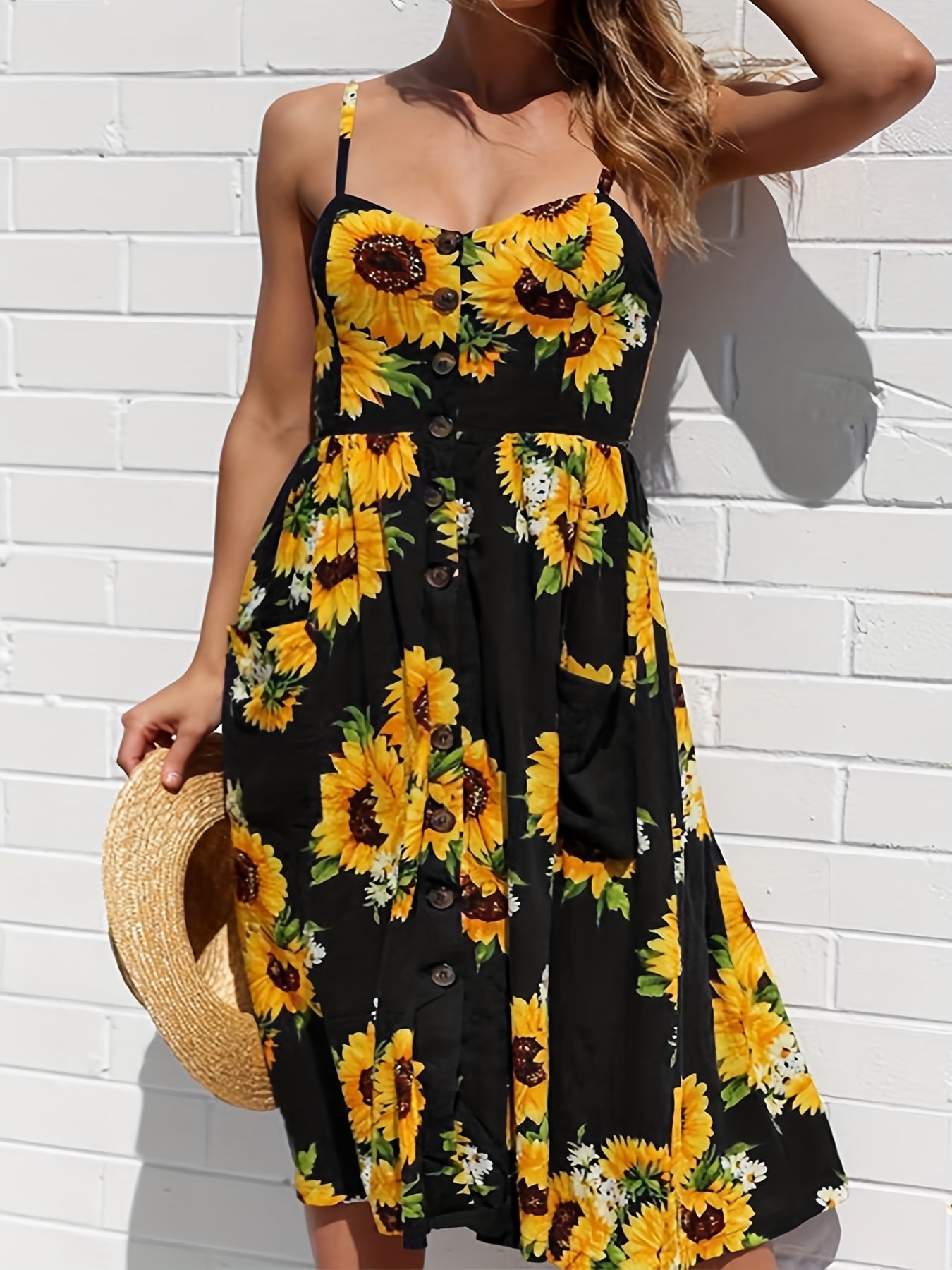  Button Detail Spaghetti Strap Cami Dress