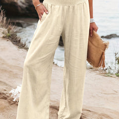 Solid Elastic Waist Wide Leg Pants for Women