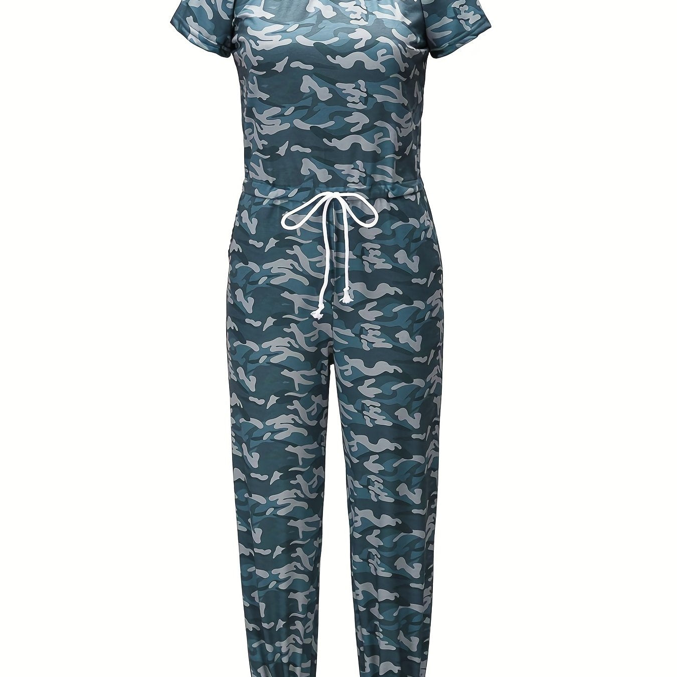 Camo Print Drawstring Jumpsuit Casual Boat Neck Short Sleeve Jumpsuit
