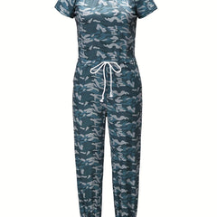 Camo Print Drawstring Jumpsuit Casual Boat Neck Short Sleeve Jumpsuit