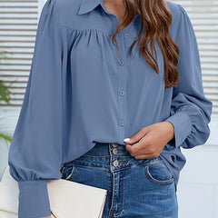  Blouse Lantern Sleeve Ruched Button Up Shirt