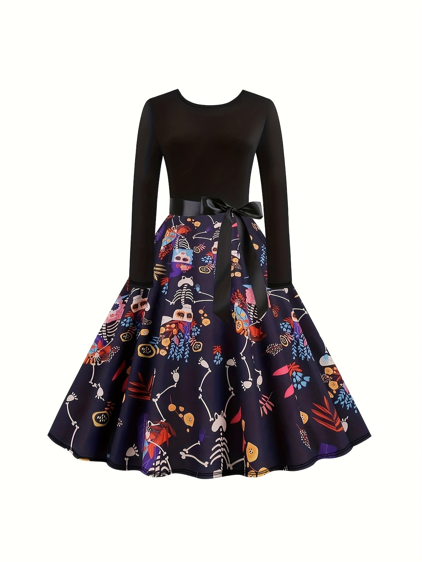  Gothic Dress Colorblock Funny Skull Print Long Sleeve Bow Front Swing