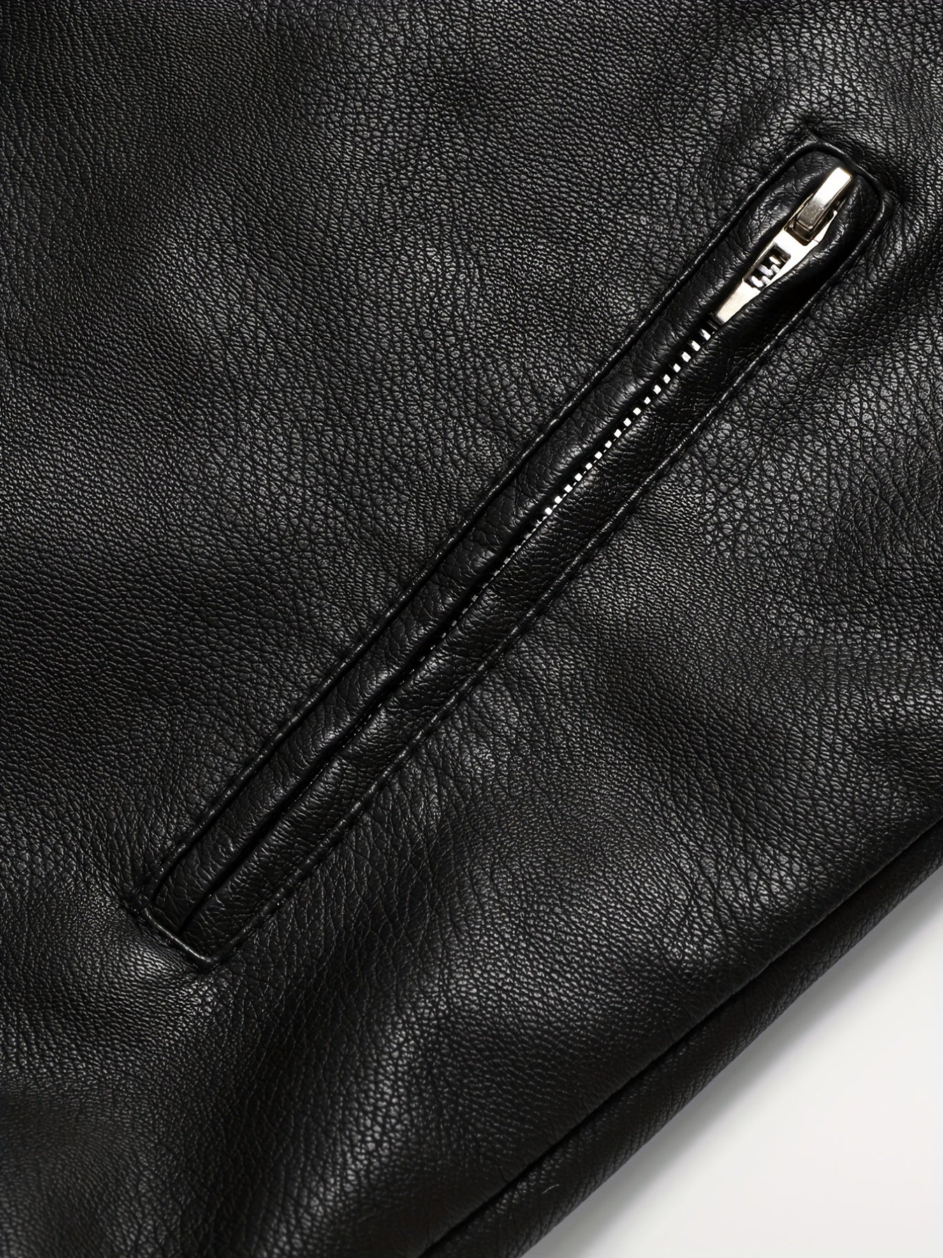 PU Biker Jacket Men's Casual Pockets Zip Up Stand Collar Faux Leather Jacket