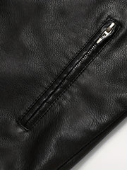 PU Biker Jacket Men's Casual Pockets Zip Up Stand Collar Faux Leather Jacket