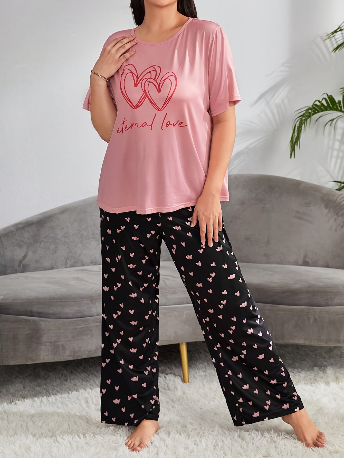  Heart & Slogan Print Pajamas Set Women's Tee & Pants Lounge 2 Piece