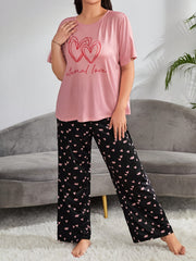  Heart & Slogan Print Pajamas Set Women's Tee & Pants Lounge 2 Piece