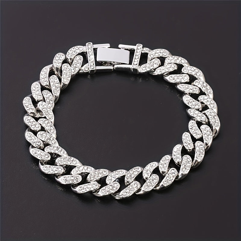 Men's Silvery Rhinestone Cuban Bracelet Hip Hop Bling