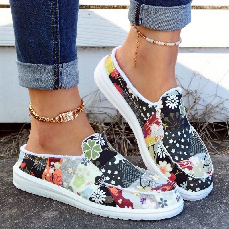 Women's Floral Print Slip-On Canvas Shoes Lightweight Casual Flats