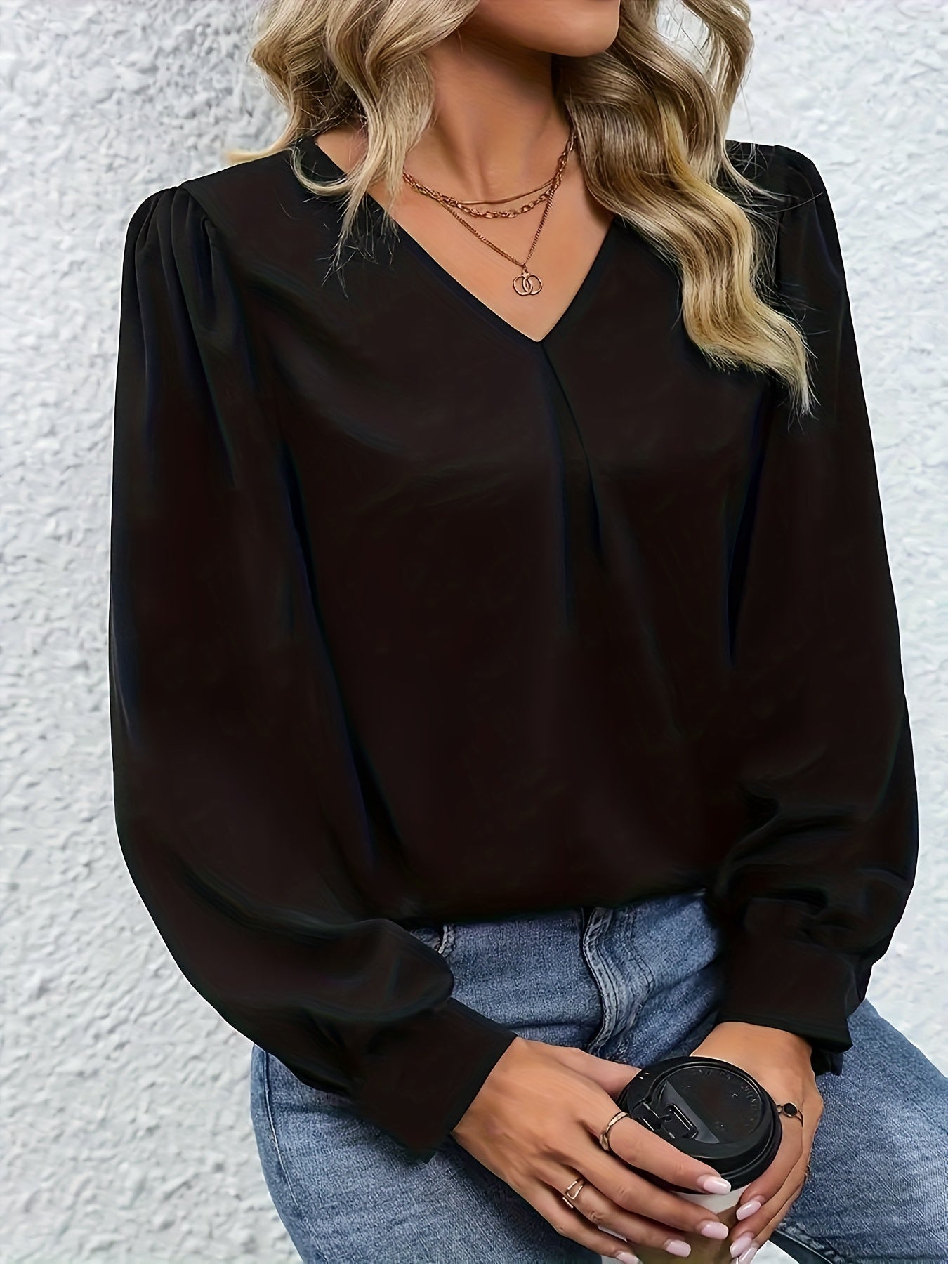  Solid Plicated Detail Long Sleeve V Neck Top