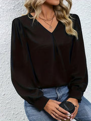  Solid Plicated Detail Long Sleeve V Neck Top