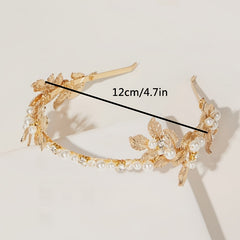 Golden Flower Leaf Faux Pearl Flower Tiara Headband