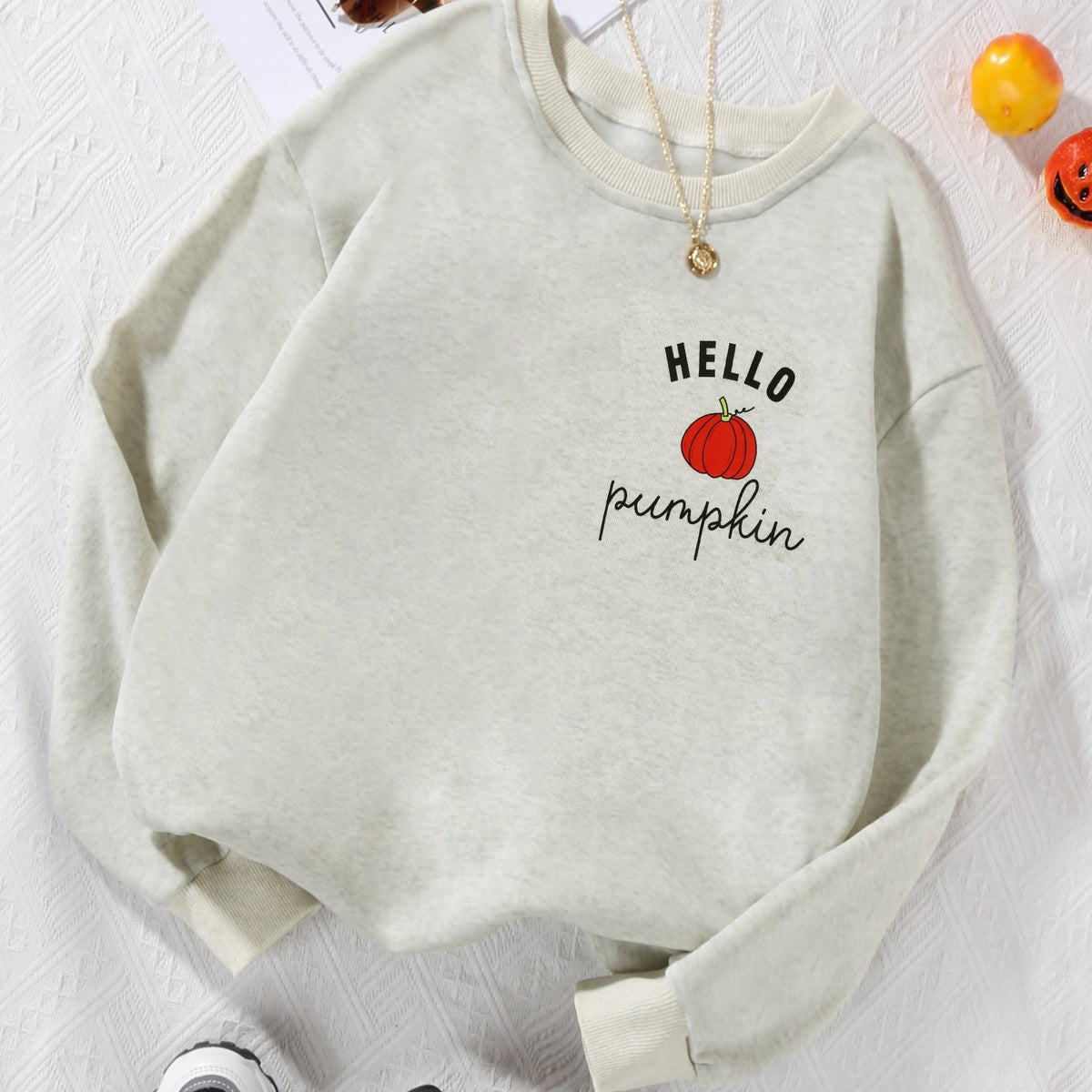 Pumpkin Print Sweatshirt Casual Long Sleeve Crew Neck Sweatshirt