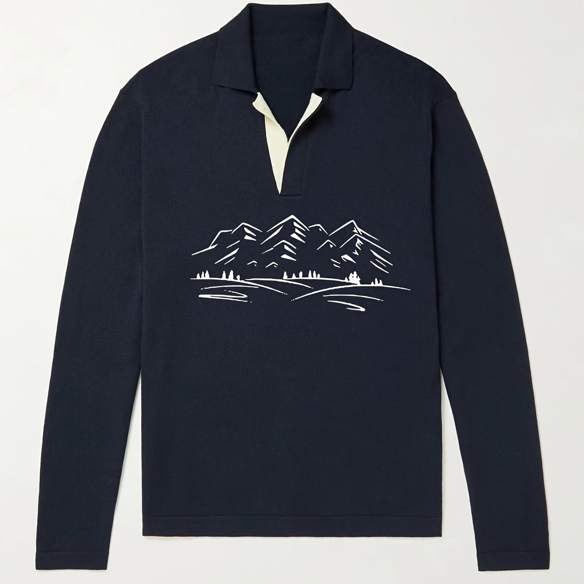 Mountain Pattern Knit Polo Shirt Men's Casual Lapel Stretch Pullover Sweater