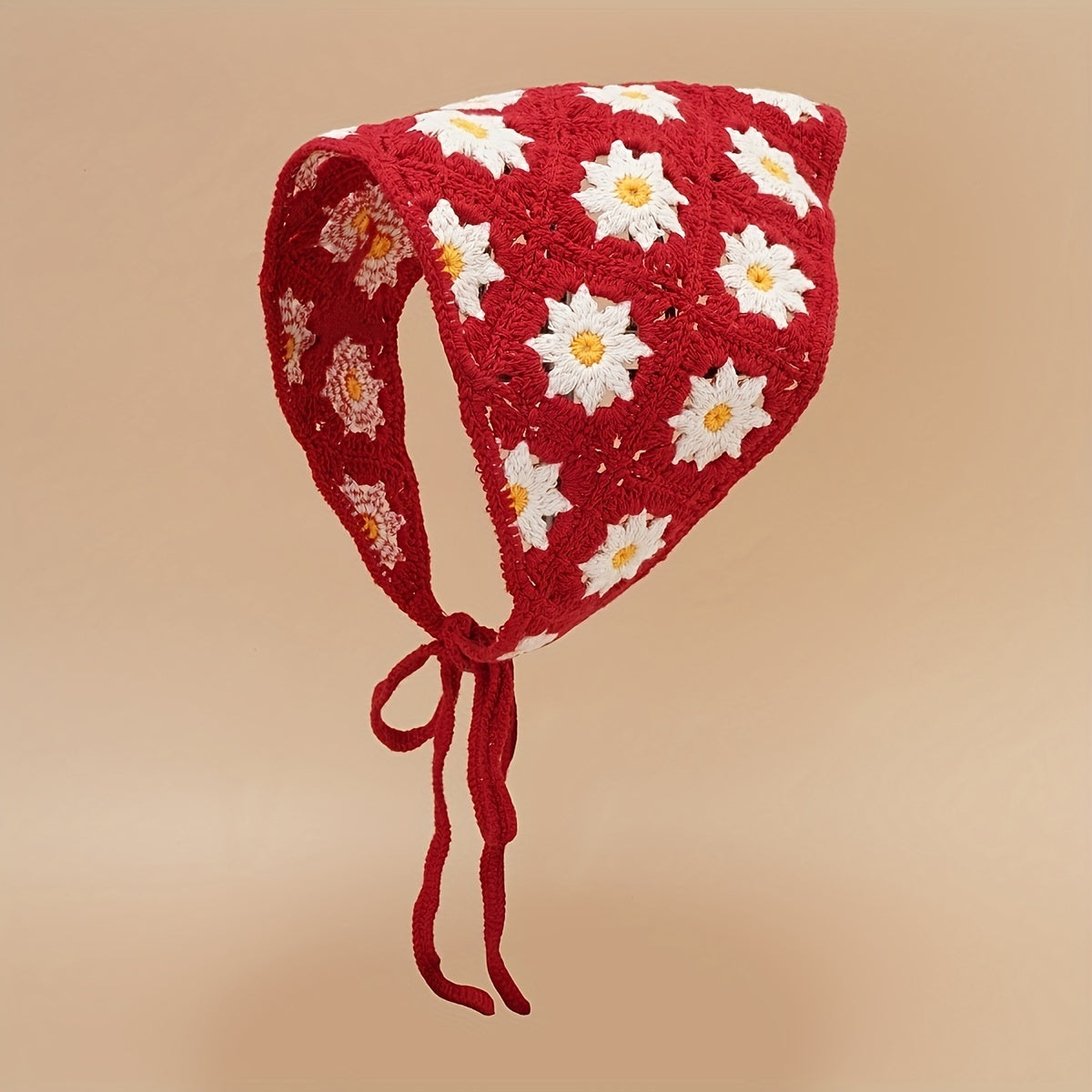 Daisy Flower Knitted Triangle Scarf Head Wrap Hollow Crochet Lace Up Turban Hat