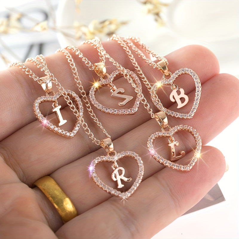 Initial Letters A T Pendant Love Heart Rhinestones Pendant Necklace