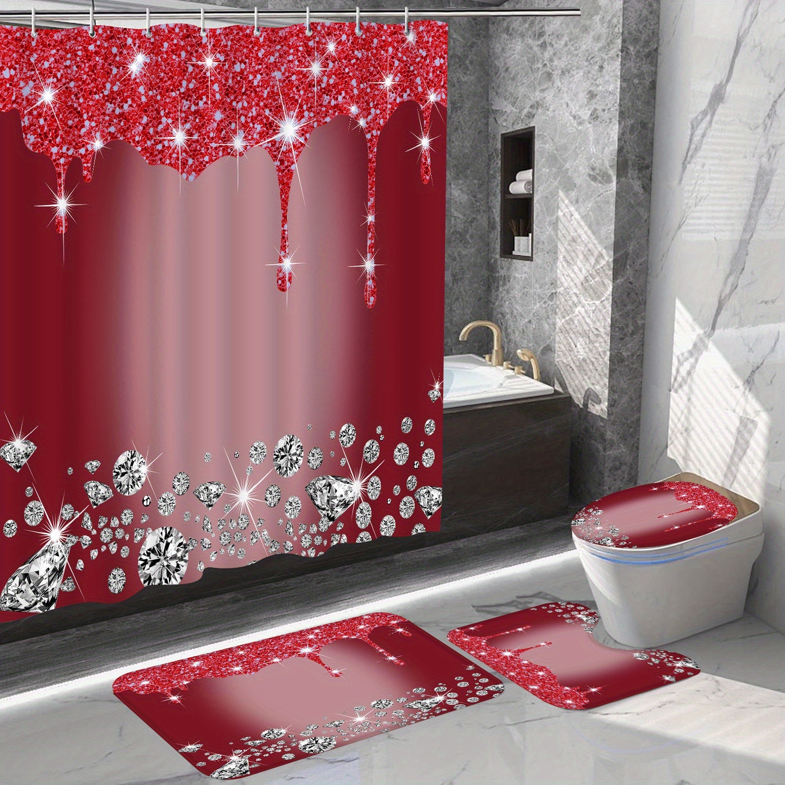 4Pcs Diamond Pattern Shower Curtain Set with Non-Slip Rugs
