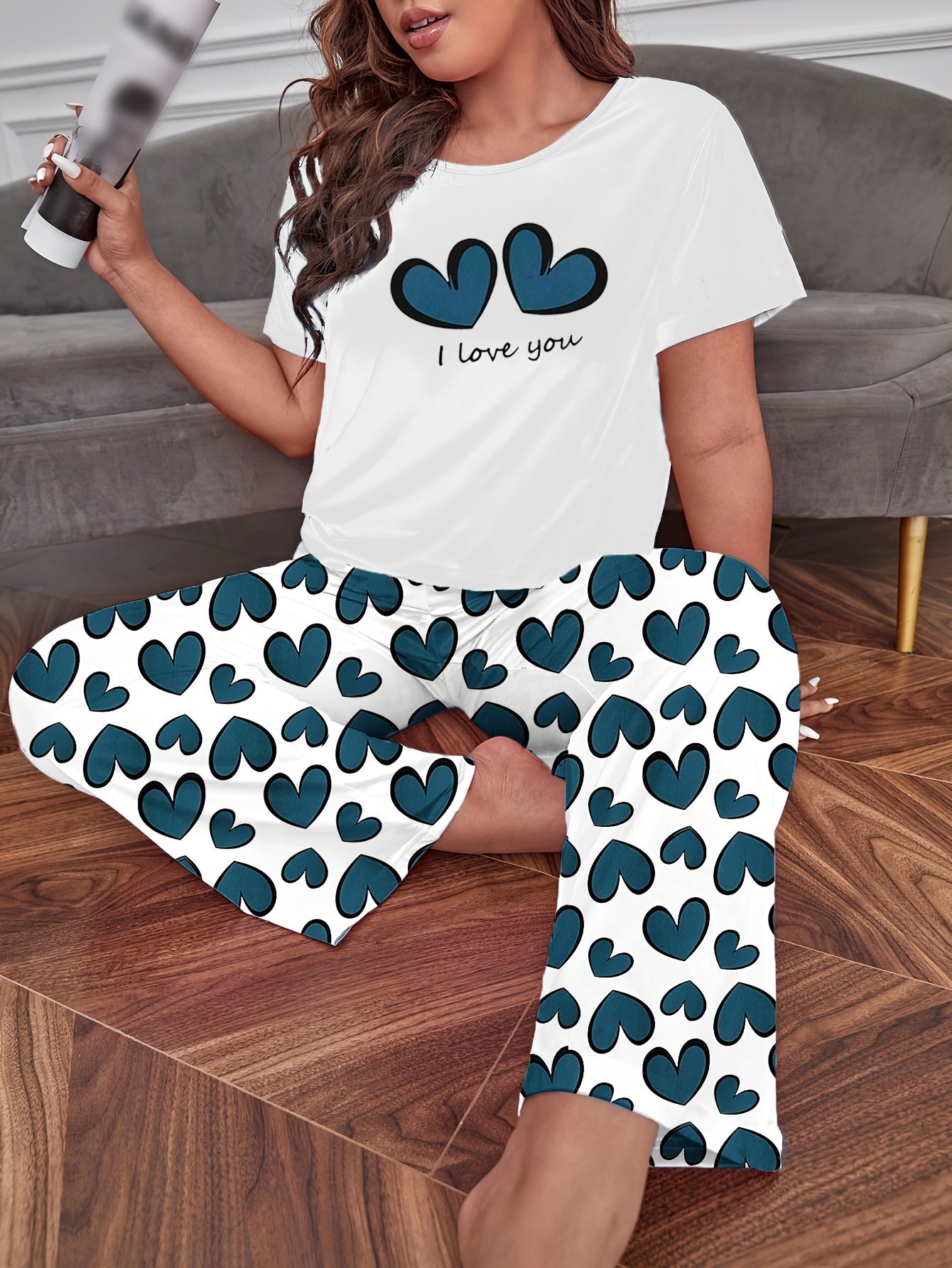  Casual Pajamas Set Women's Plus Slogan & Heart Pattern